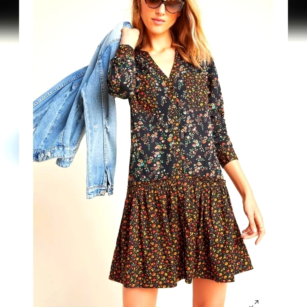 Anthropologie Maeve Marlie Button-Front Tunic Floral Long Sleeved Dress NWT